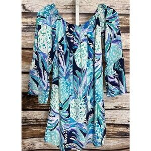 Lilly Pulitzer Size XS Blue 3/4 Sleeve Dress Shift Smocked Short